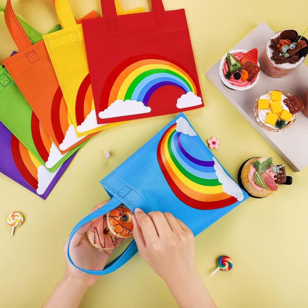 Aneco 24 Pieces Candy Non-Woven Bags Rainbow Party Favor Bags 8×8 Inch Trolls Goodie Bags 6 Colors Party Favor Gift Bags for Birthday Wedding