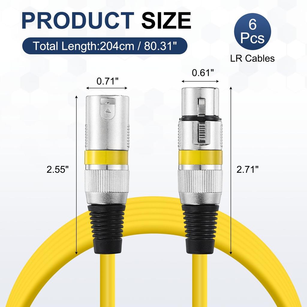 uxcell XLR Cable 6-Pack, 2m, Microphone Cable, XLR Male-Female, 3-Pin, Balanced Connection, for Live Performances, Recording Studios, Mixers, and
