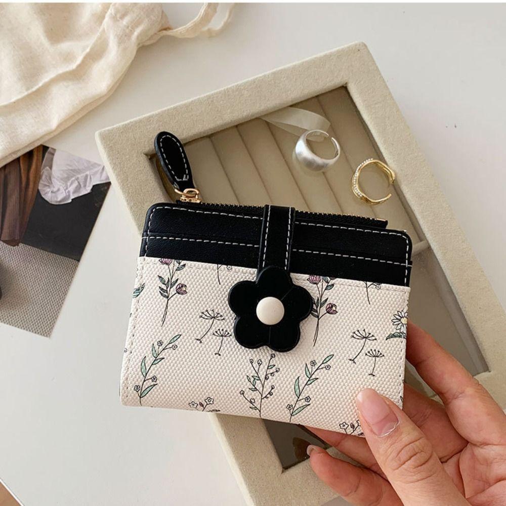 Print Flower Short Wallet Korean Style Folding Card Bag Retro PU Leather Card Holder  Outdoor