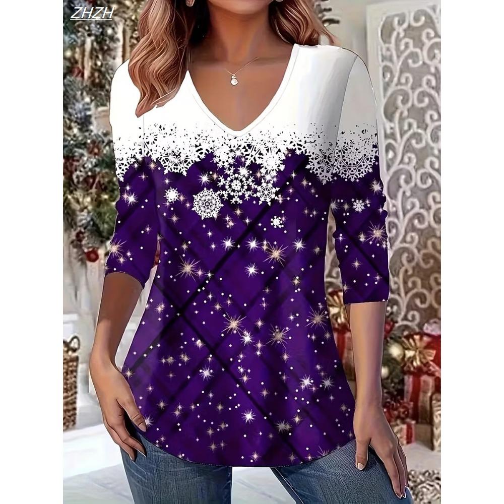 

Women s T Shirt Graphic Plaid Snowflake Vintage Stylish Classic Long Sleeve V Neck Regular Tops Daily Fall Winter XXL