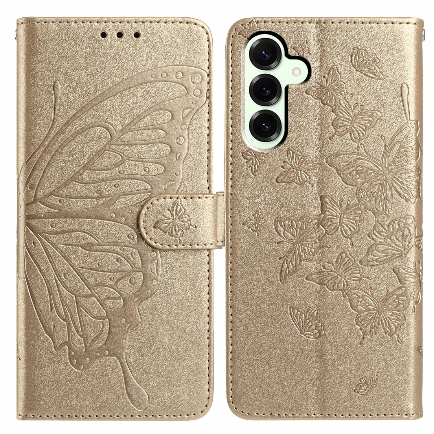 

For Samsung Galaxy S25+ Case Butterfly Imprinted Wallet Stand PU Leather Flip Phone Cover with Strap Gold