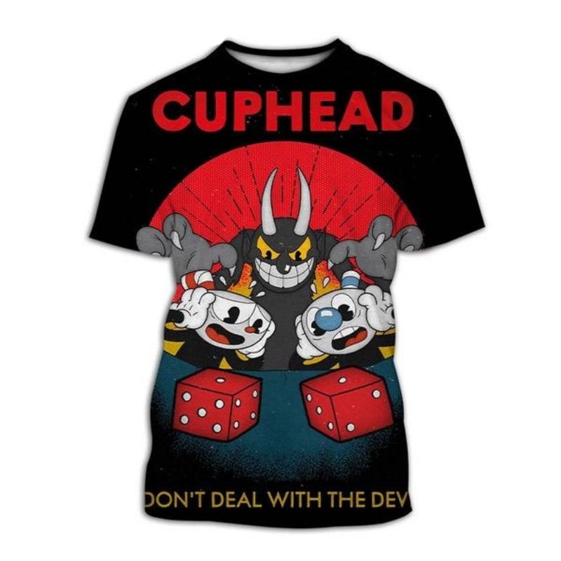 2025 Cuphead 3D printed men's casual summer fashion round neck fun T-shirt suitable for both men and women short sleeved top siz