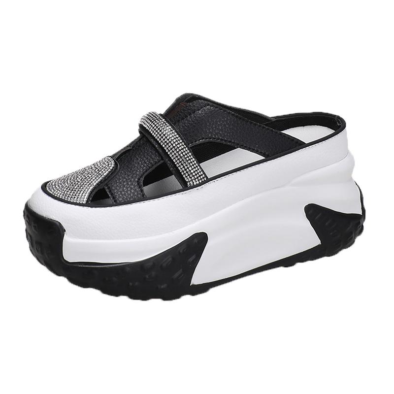 

7 см Полые летние сандалии на танкетке Кожаные кроссовки Женские на высокой платформе Пляжные шлепанцы Повседневные дышащие тапочки для ходьбы 39 чёрный