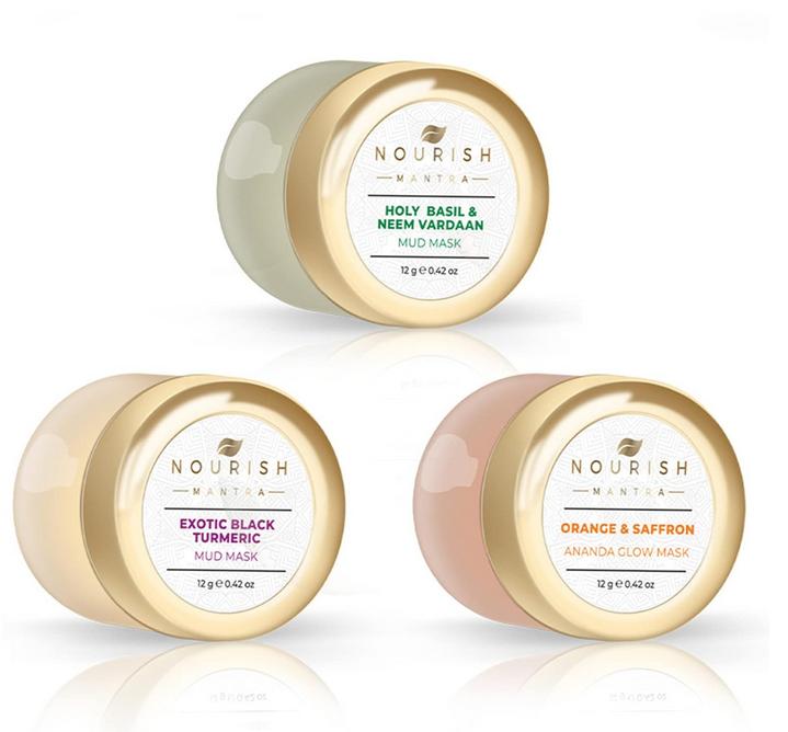Nourish Mantra Mini Mask Trio Face Care Kit, Holy Basil & Neem Vardaan Mud Mask, Exo, Orange & Saffron Avanda Glow Mask (12g Each)