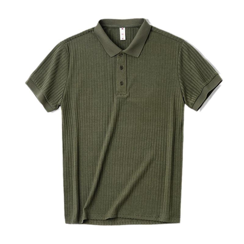 Men's Casual Retro Striped Polo Shirt: Short-Sleeved, Solid Color, Versatile Knitted Lapel T-Shirt