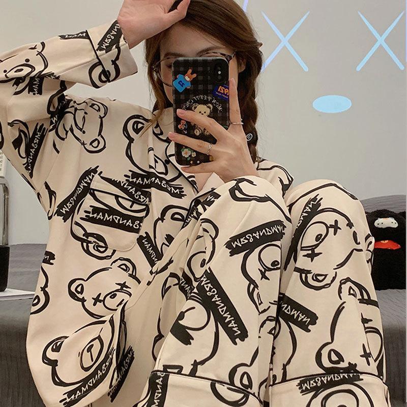 "Cute Dog Dachshund" ins cartoon spring and autumn striped pajamas women's cardigan long-sleeved loungewear autumn and winter suit