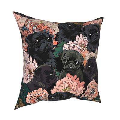 Schwarzer Mops Blume Kissenbezug Heimdekoratives Hundekissen Sofakissen für Auto Polyester Beidseitiger Druck Freizeit
