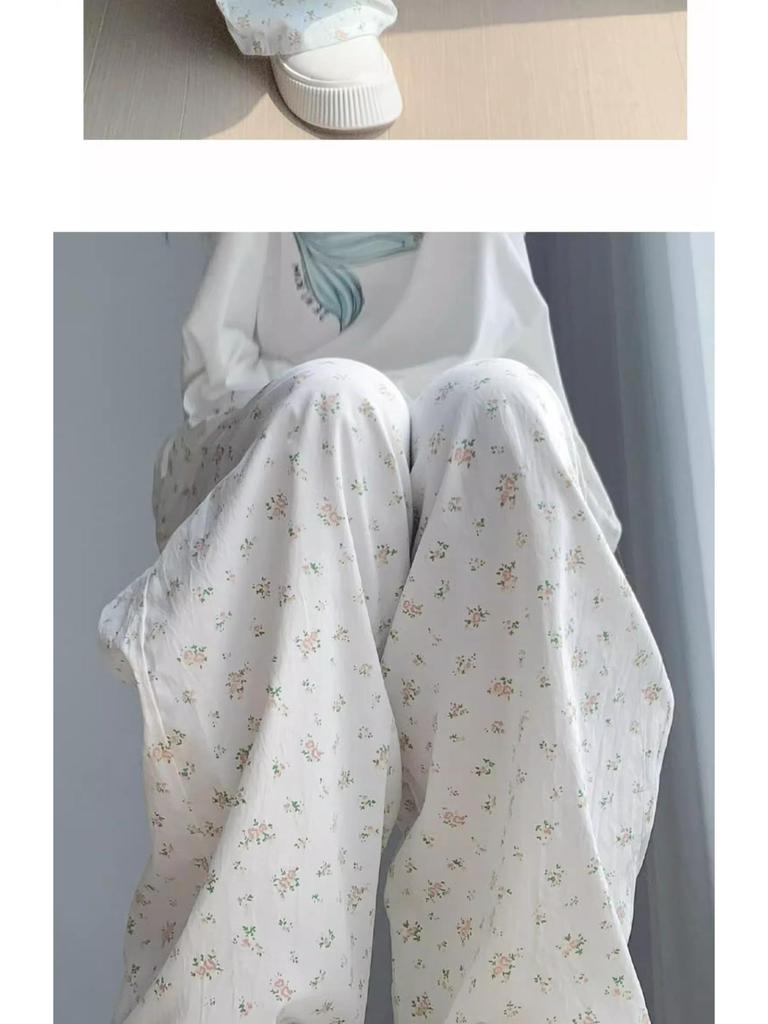 High Waist Floral Ice Silk Women's Summer Wide-Leg Pants, 145-150 Petite