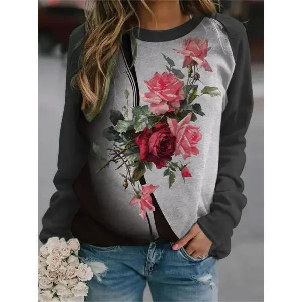 Round Neck 3D Flowers and Plants Printed Top Fashionable Casual Long Sleeved Women's T-shirts
