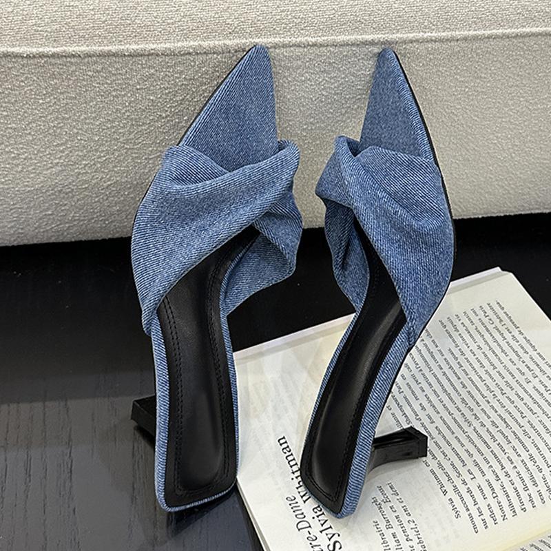 Liyke Été Bas Talons Hauts Fins Femmes Pantoufles Mode Plissé Cuir Enfiler Dames Extérieur Robe Sandales Slides Chaussures
