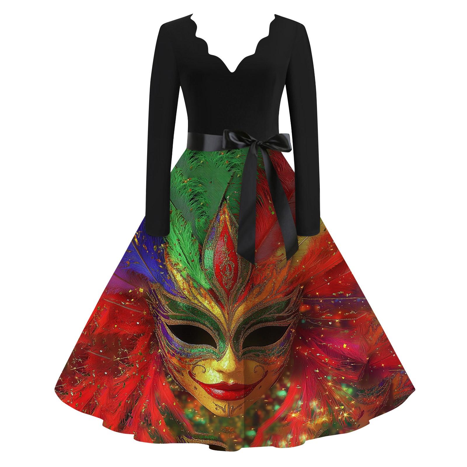 

Женское повседневное модное платье с V-образным вырезом и длинным рукавом с карнавальным принтом в винтажном стиле XL