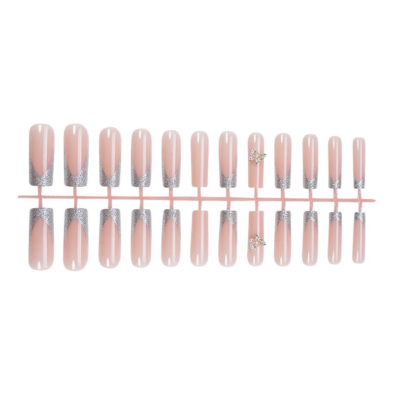 

Набор накладных ногтей на День святого Валентина 2024 с серебристым глиттером, эффект французского всплеска, бабочка