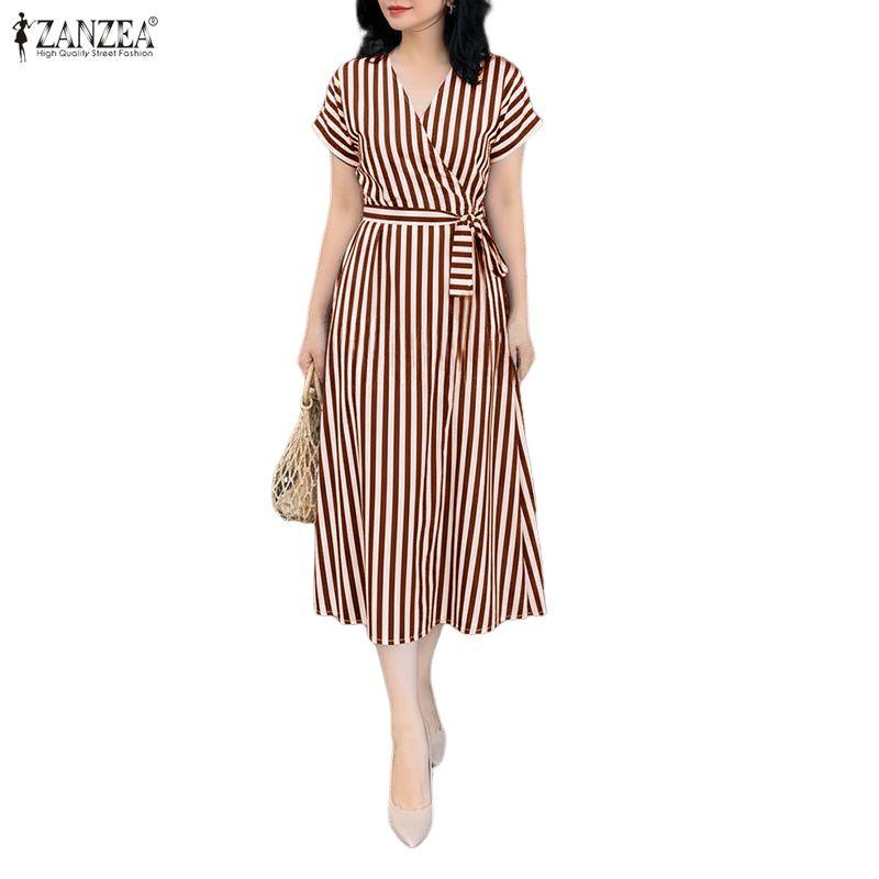 Casual Zanzea Short Vneck Women Sleeve Stripe Dress