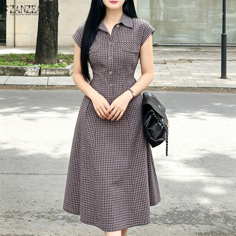 ZANZEA Damen Lässiges Kleid mit Umlegekragen, Karomuster, locker, kurzärmelig