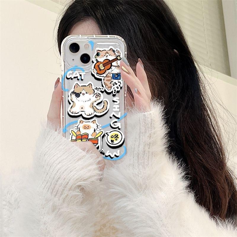 Rock music cat iPhone16promax mobile phone case Apple 14 transparent 13/15 fine hole anti-drop 11