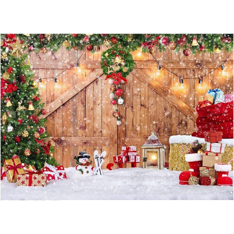 Rural Christmas Barn Wooden Door Background Photography Props Christmas Tree Snow Scene Gift