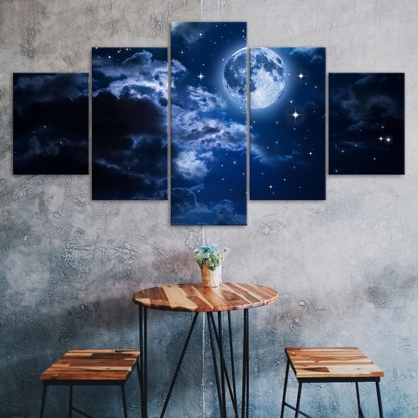 

Full Moon Cloudy Starry Night Sky 5 Piece Canvas Wall Art Multi Panel Print Modern Poster Home Decor Picture Gift For Him For Her 20X35 20X45 20X55CM