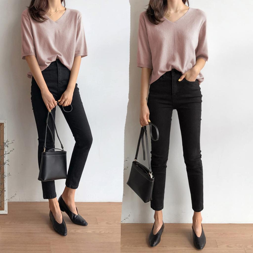 Summer Knit Short Sleeve Loose Cut and Fashionable Summer Beautiful Coordination [ANCKDOCE] Women's T-Shirt, V-Neck, Fit, Sewn, Clothes, Tops, (White)