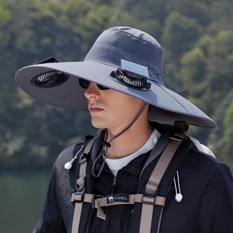 Wide Brim Solar Fan Outdoor Fishing Hat-Solar & USB Charging, Outdoor Sun Hat with Solar Fan with 2 Solar Fan