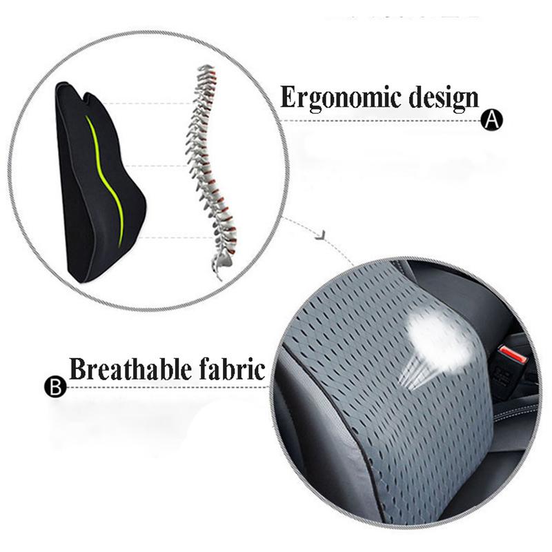 Car Memory Foam Seat Protector Cushion with Belt Auto Cotton Mesh Lumbar Support Pillow for Driving Soft Back Pain Office