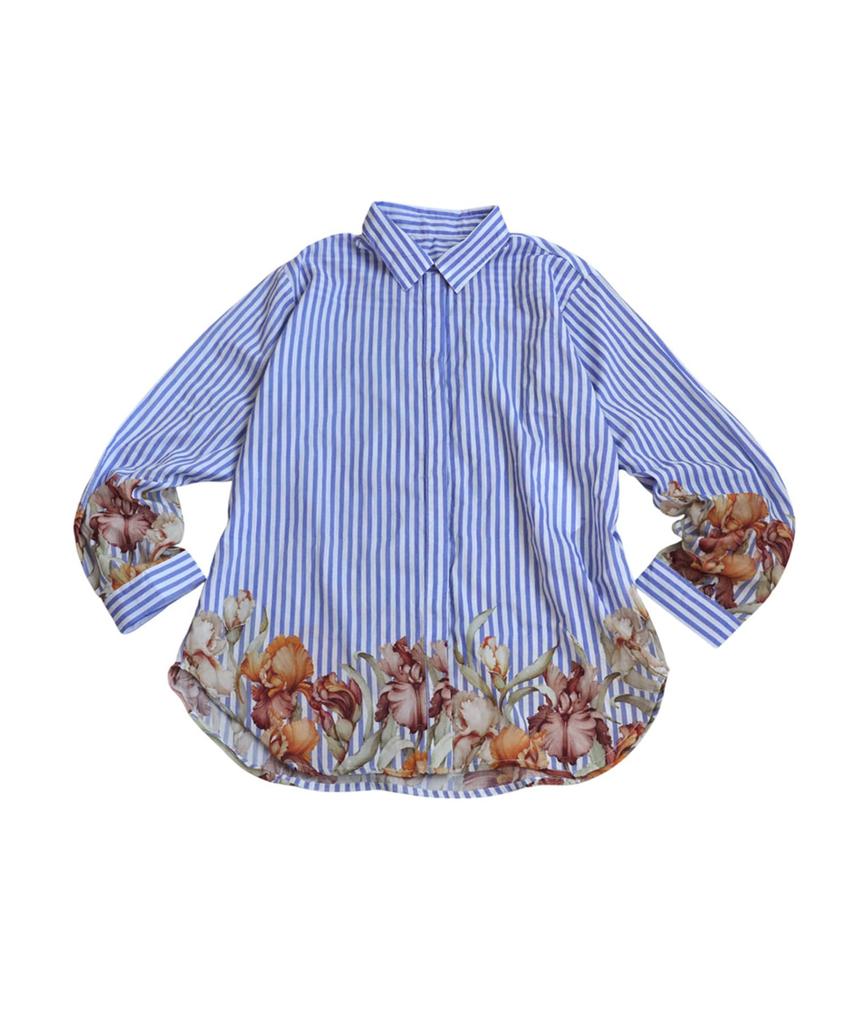 Antiqua Floral Striped Long Sleeve One Size White and Blue Mix Shirt, Women's Top, IYA-00100, 03,