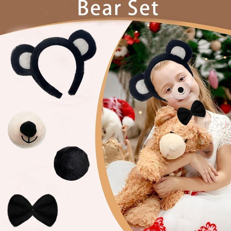 4Pcs Hair Hoops Set with Bear Themes Costume Headband Nose for Themed Performances Photography and Role Play Event
