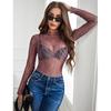 Women's Mesh Top Long Sleeve Mock Neck Sheer Blouse See Through Floral Lace Tops