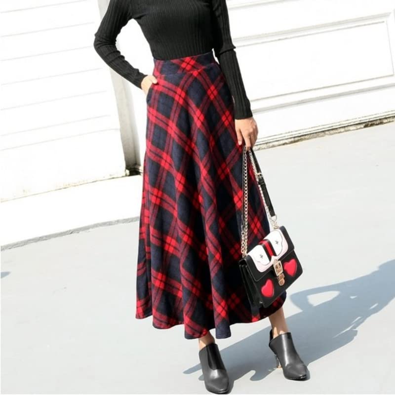 Belle Cie Check Korean Long Skirt, Long, Flared, Warm, Style, Skirt, Fluffy, Fall/Winter (ST/No. 27540) (XL, Red)