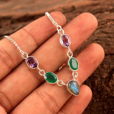 Labradorit Grüner Onyx Amethyst Silber Damen Halskette 925 Sterling Silber Feiner Schmuck