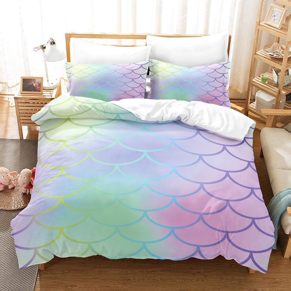 Laser Gradual Change Fish Scale 3D Digital Printing Three-Piece Set, Quilt Cover Pillowcase Home Textile Bed Sheet Kit