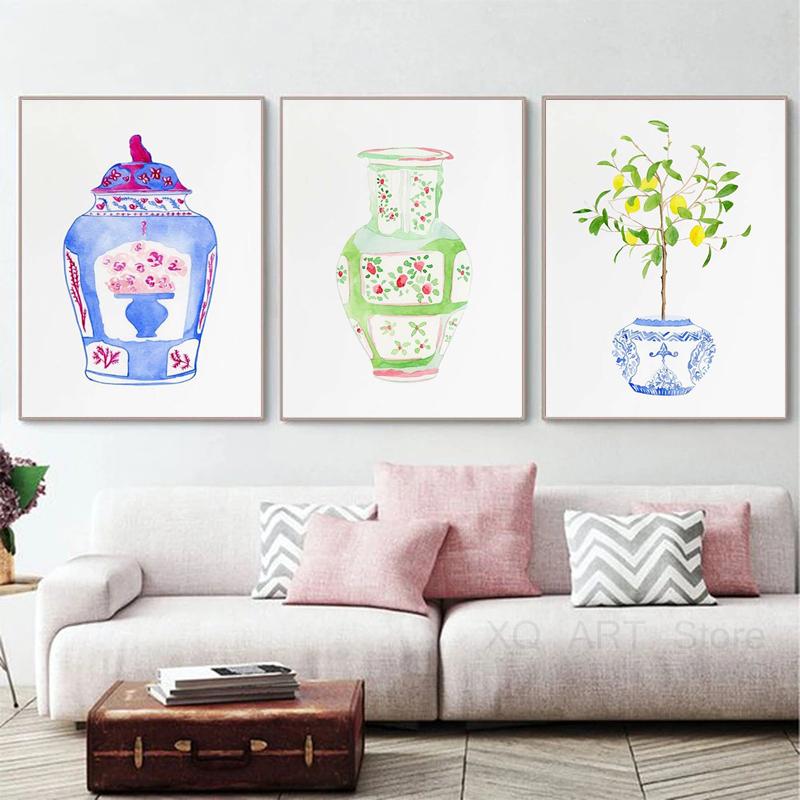 Chinese Wind Porcelain Watercolor Printing Ginger Jar Vase Plant Poster Antique Blue and White Porcelain Canvas Painting Decor
