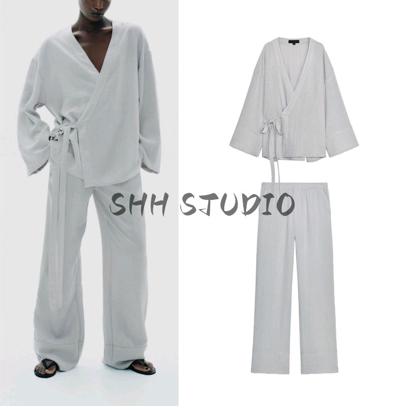 Casual Suit Side Bowknot Decoration Kimono Outerwear 5427723 Pajamas Style Pants 8338513