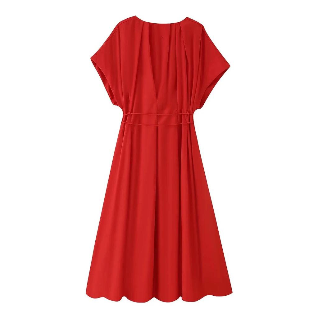 Vintage Women Dresses Fashion Single Breasted Sashes Draped V Neck Sleeveless Solid Ladies Dresses