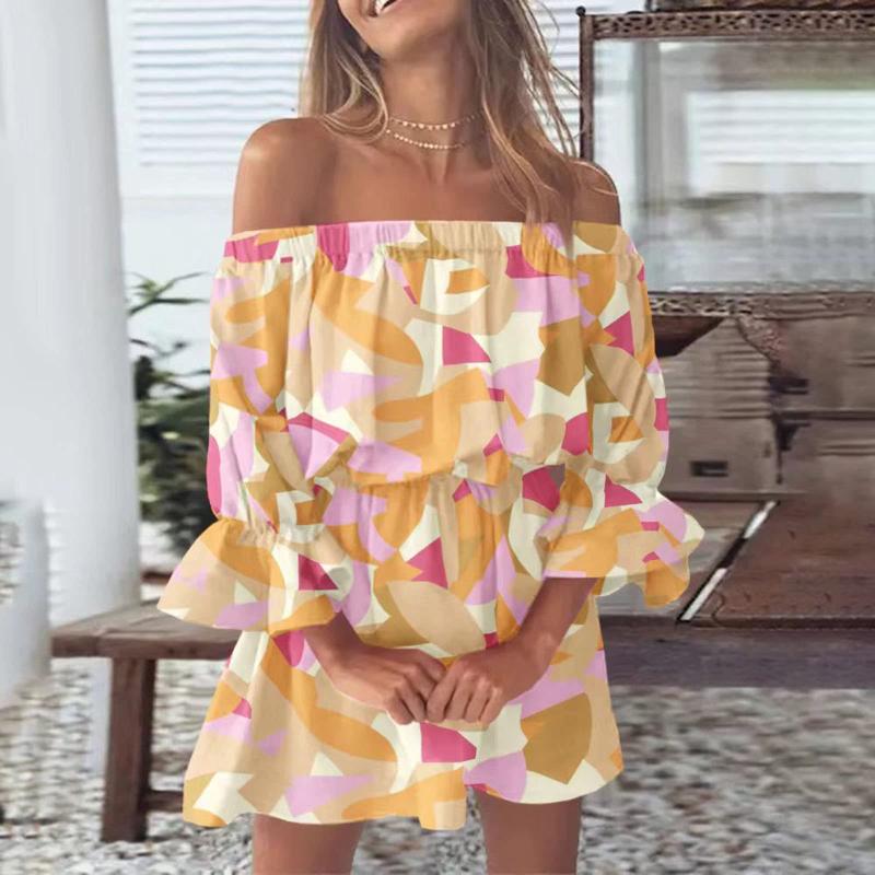 Women Floral Print Mini Dresses Summer Sexy Off Shoulder Flare Sleeve Tunic Dress Female Casual Boho Beach Dress