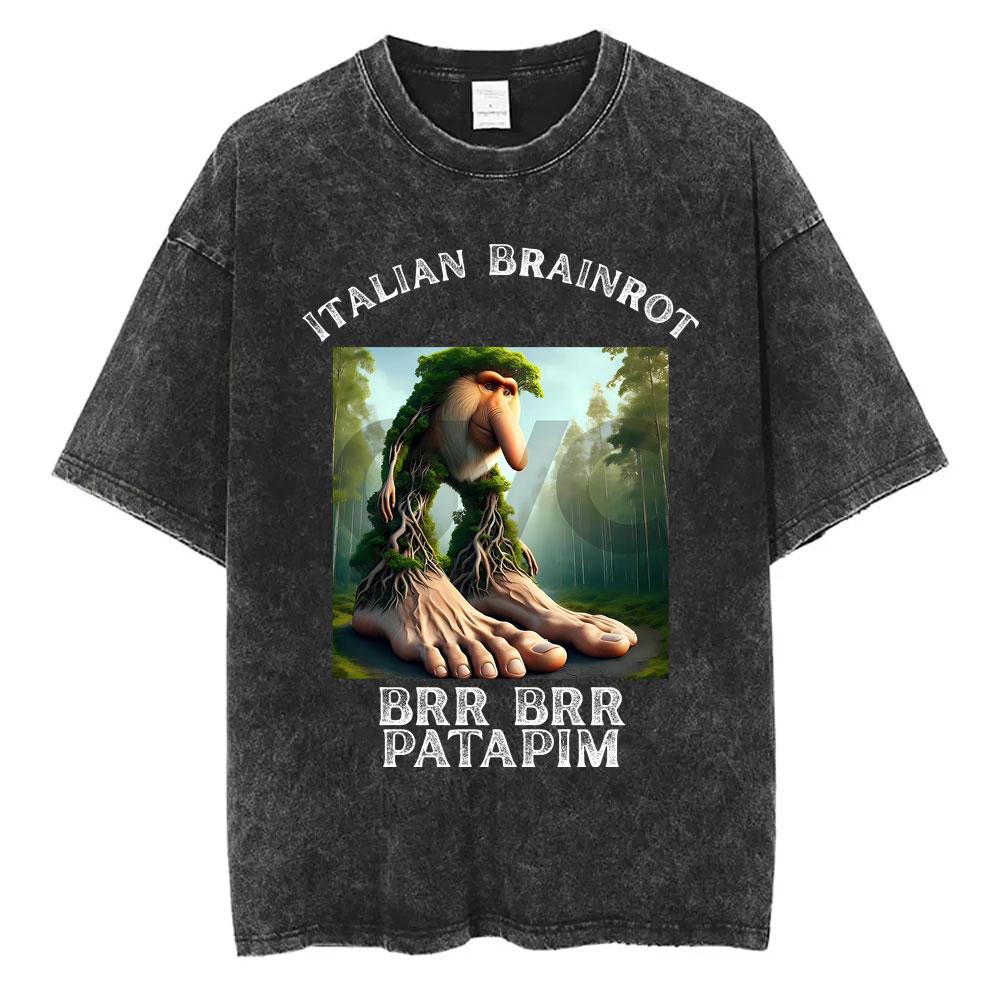 Bombardiro Crocodilo Crocodile Plane Bomber Funny Meme Washed Vintage T-shirt Men Women Casual Italian Brainrot Humor Style Tees