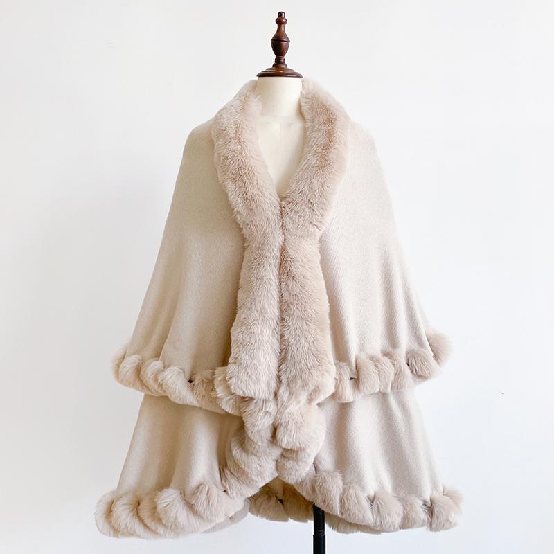 Winter Thicken Mink Wool Full Trims Faux Fur Cape Women's Hooded Loose Fleece Cloak Coat Party Wraps Warm