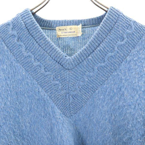 Sears 60s 70s Mohair Long Sleeve V Neck Knit L Blue Sweater Men's Used