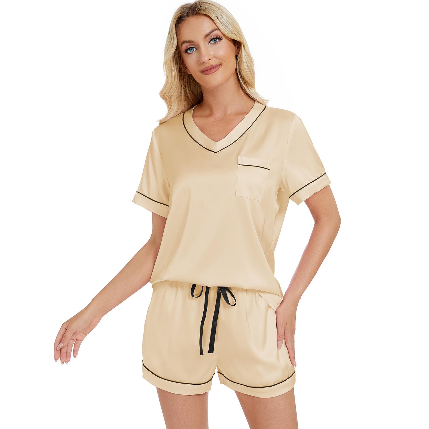 

Женские костюмы для сна Имитация шелка V-образный вырез Рубашки Шорты Комплекты пижам Сатин Одежда для сна Лето Домашняя одежда XXL шампанского