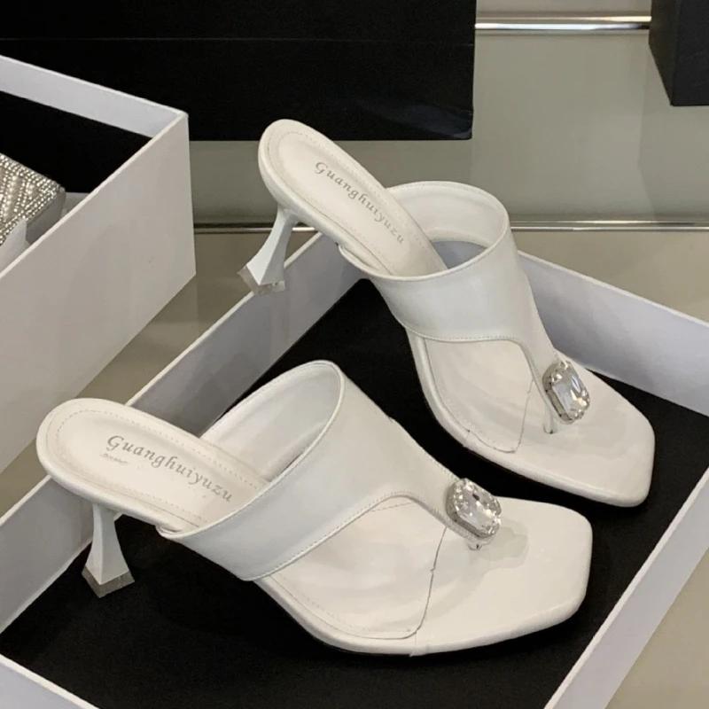 Fashion Elegant Rhinestone Decorated High-heeled Slippers Women Summer Sexy Clip-toe Slide Sandals Fashion Comfortable Beach Sandals