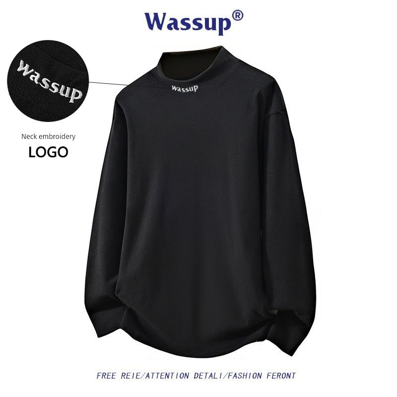 Wassup Trendy Brand Thermal Base Layer Long-Sleeve T-Shirt for Men and Women, Autumn and Winter Half-High Collar with Embroidered Letters Lining