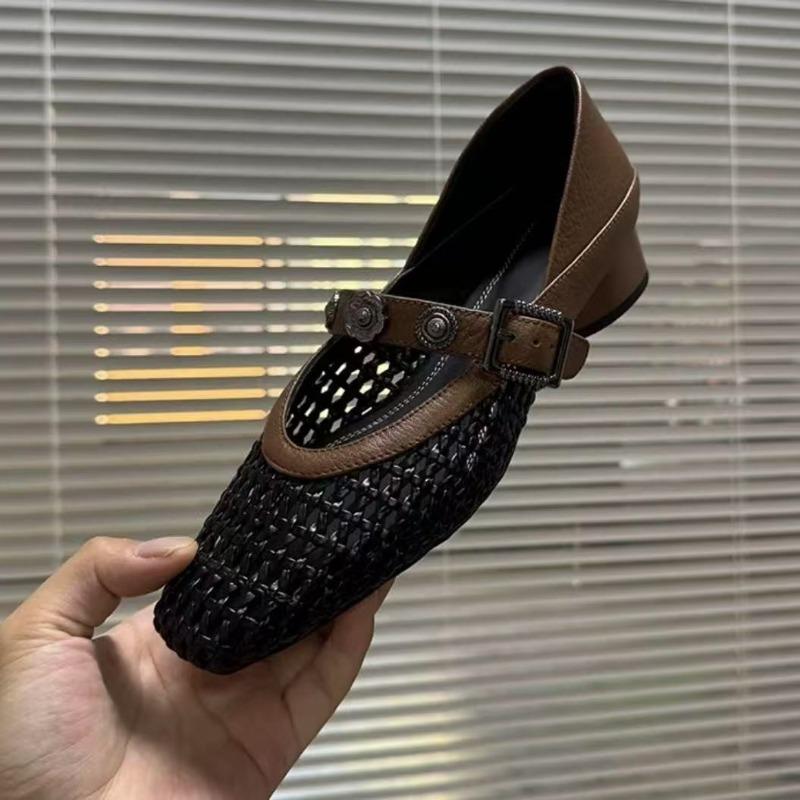 Sandals Hollow Mary Woven Single Shoes Women's Elegant Square Head Color Matching Breathable Word Belt Women's Shoes