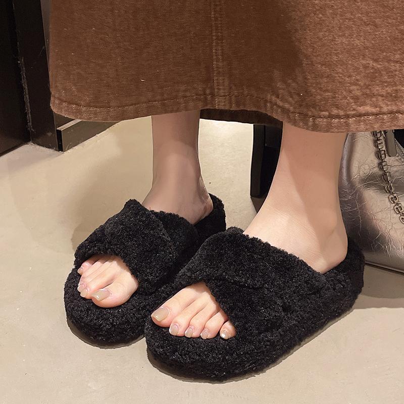 Fashion Plush Crossover with Round Head Open Toe Platform Anti-Slip Wear-Resistant Flat Bottom Cotton Mopping