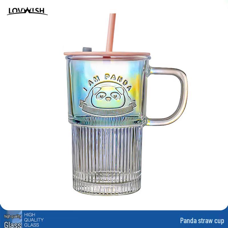 LOVWISH Panda Double-Layer Glass Straw Cup