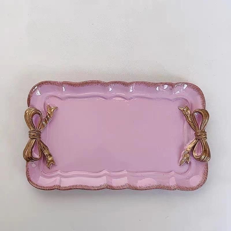 Jewelry Storage Tray Vintage Bow Decorated Resin Plate Snack Dessert Tray Cute Home Bedroom Decor