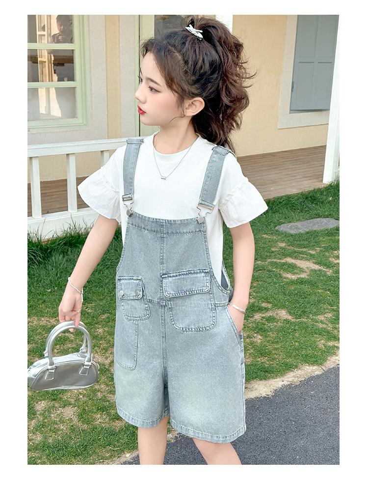 Girls' denim overalls set for summer 2026, new stylish mid size children's Korean version fashionable shorts two-piece set