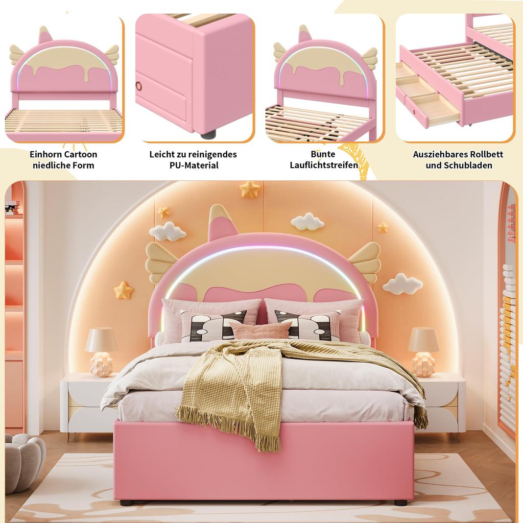 Kinderbett 140x200cm mit LED-Licht, Schlafsofa Tagesbett mit Ausziehbett & Schubladen, Ohne Matratze