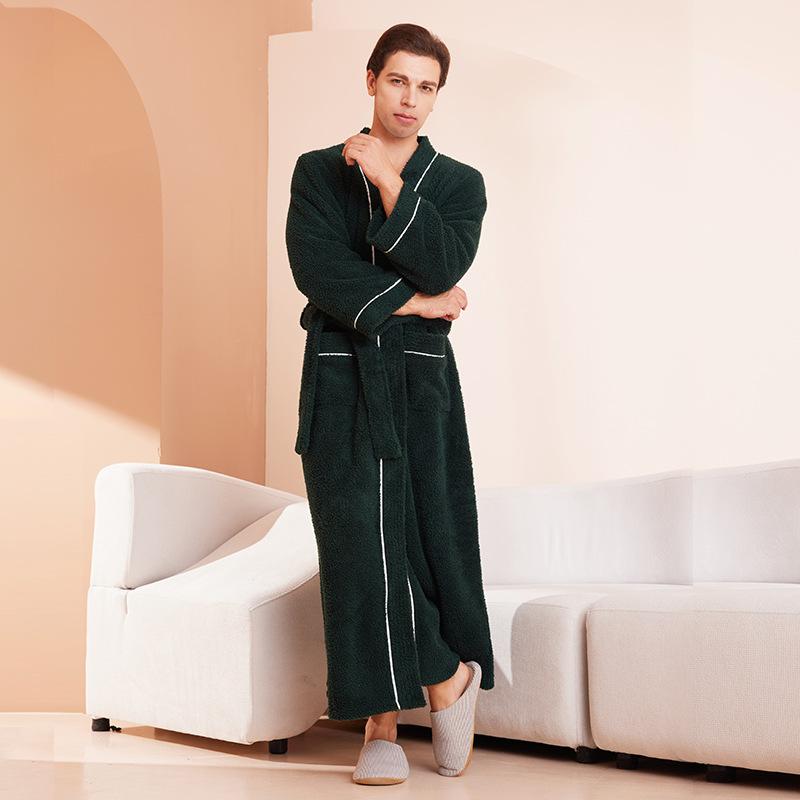 Shawl Collar Robes for Men Full Length Fleece Plush Bathrobes Soft Spa House Coat with Pockets Fluffy Spa Robes Unisex Winter Cozy Warm Spa Long Robe