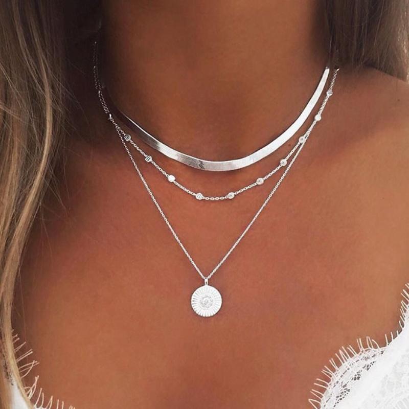 Silver Color Multi-layer Round Pendant Necklace for Women Exquisite Three-Layer Sweater Chain Jewelry for Gifts