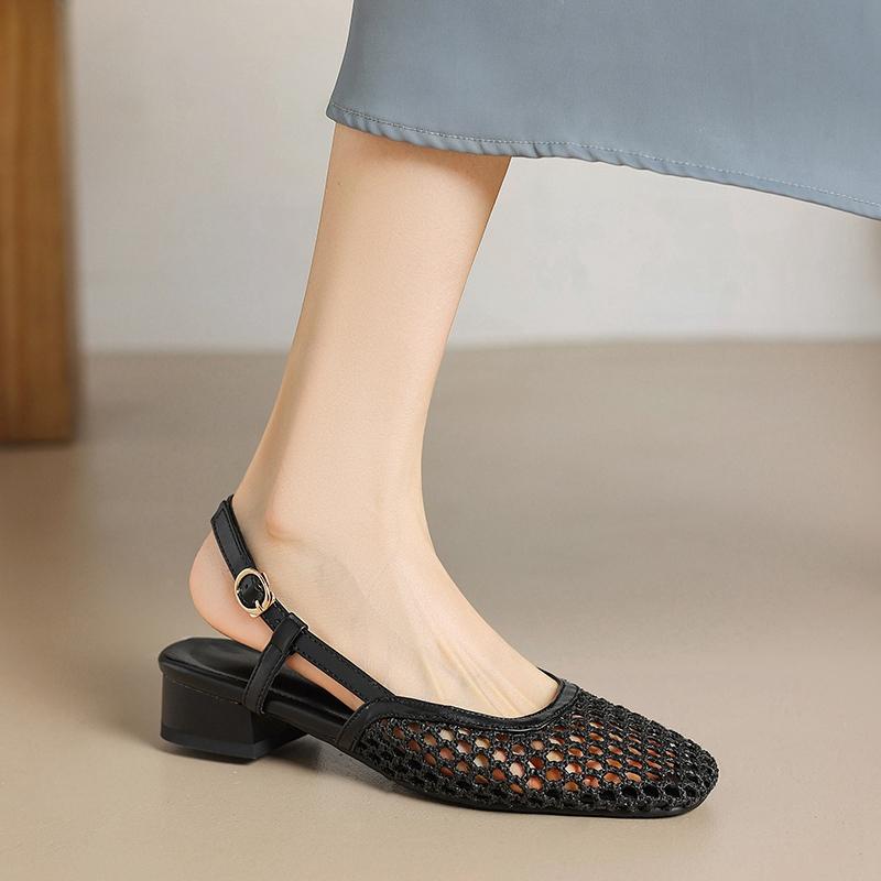 Fashion Women's new spring/summer square toe hollowed out mesh with metal elastic buckle, mid heel, oversized toe closure,M ü ller sands