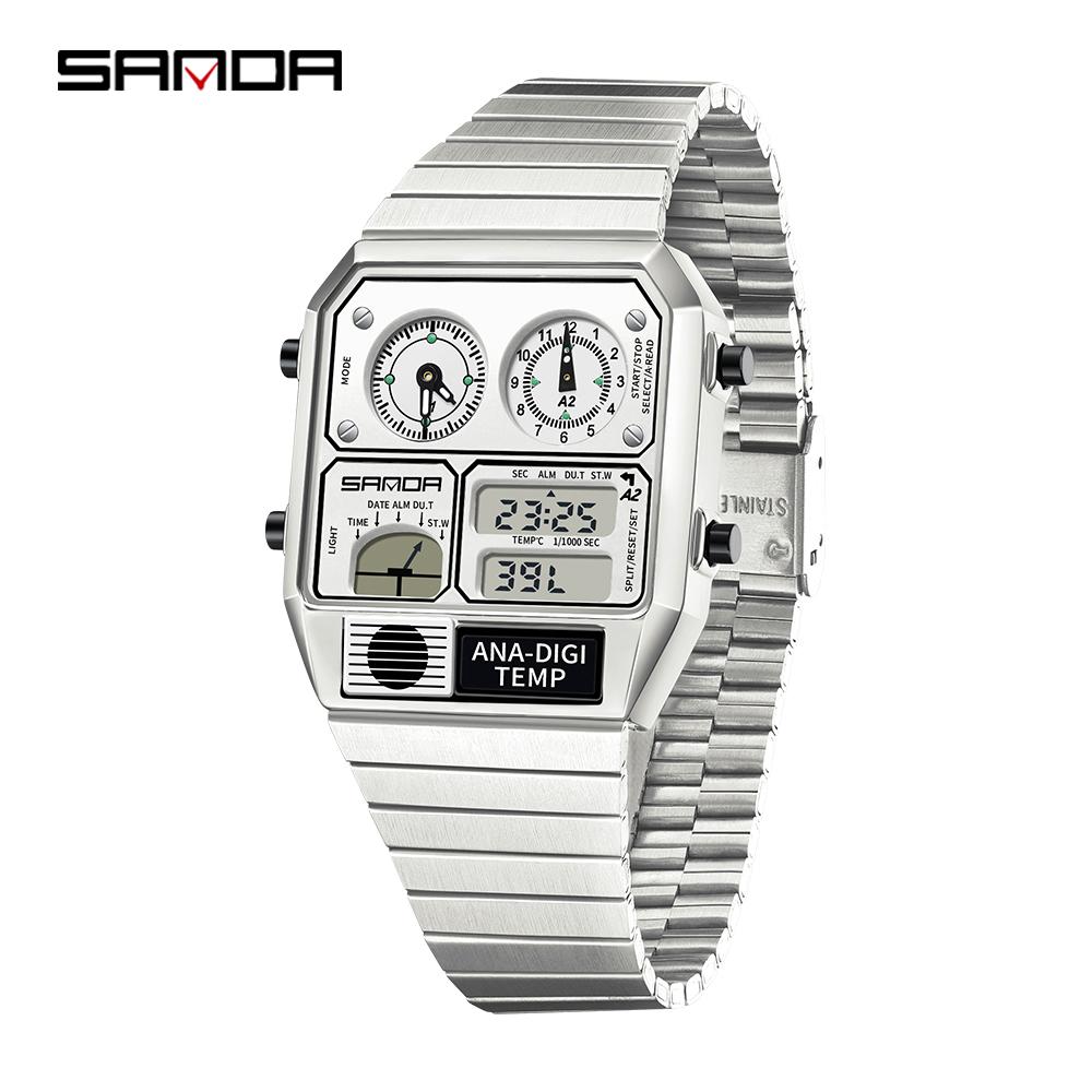 SANDA Electronic Watch Men Square Steel Band Digital Wristwatch Temperature Measurement Stopwatch Timing Multifunctional Watch